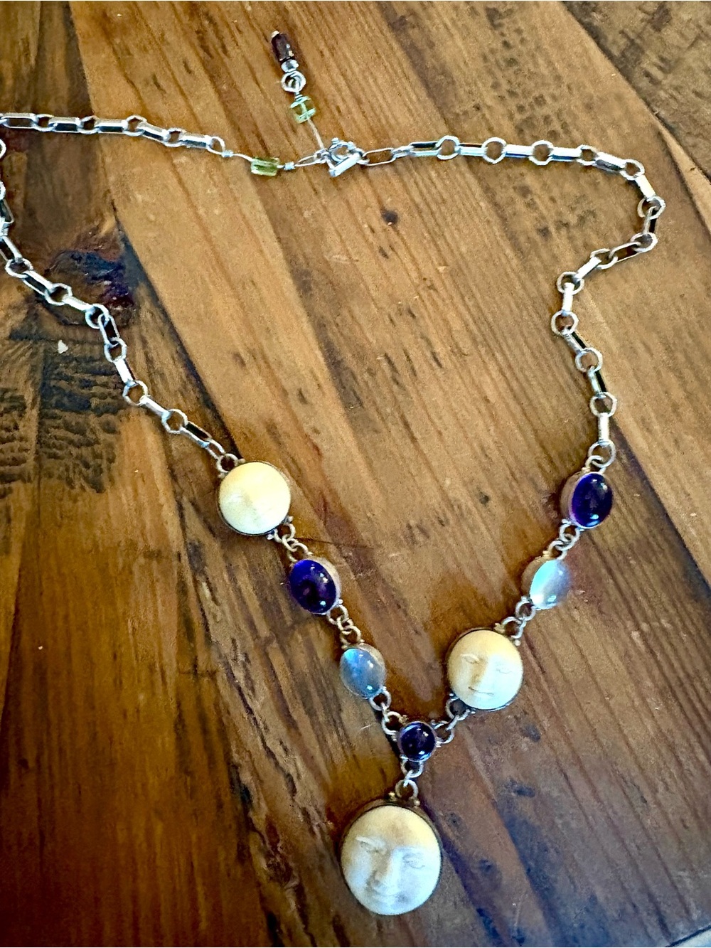 Vintage Handcrafted sterling Silver Necklace with Cameo Faces and Gemstones